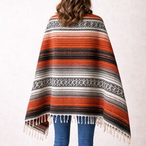 Mexican Serape Blanquet Shake grap poncho Orange gray black Fringe Boho Artisan